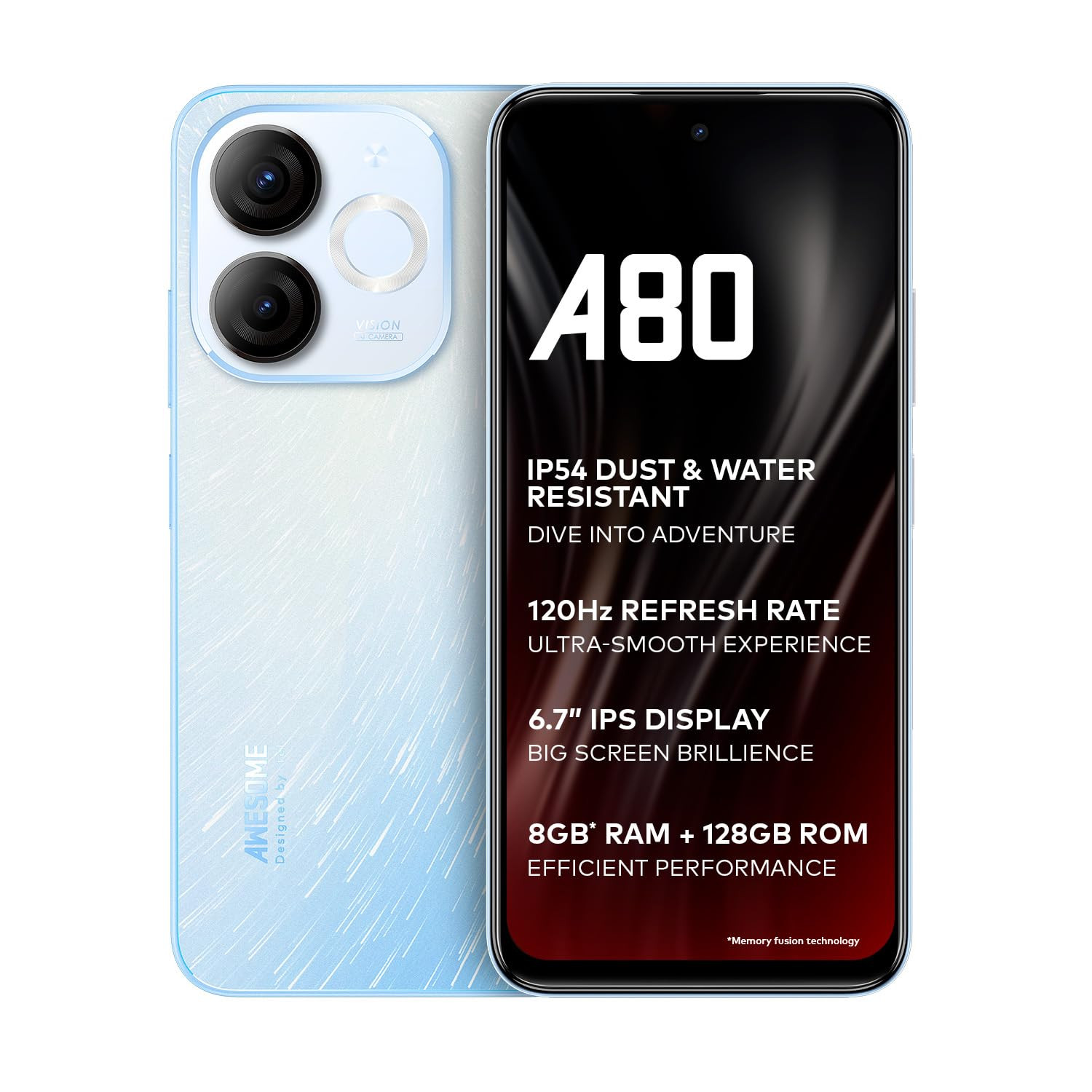 itel A80  120Hz Refresh Rate  Punch Hole Display  50MP Super HDR Cam  IP54 Dust  Splash Resistant  3 Year Fluency  Ring Light Notification  8GB RAM 128GB ROM  Wave Blue