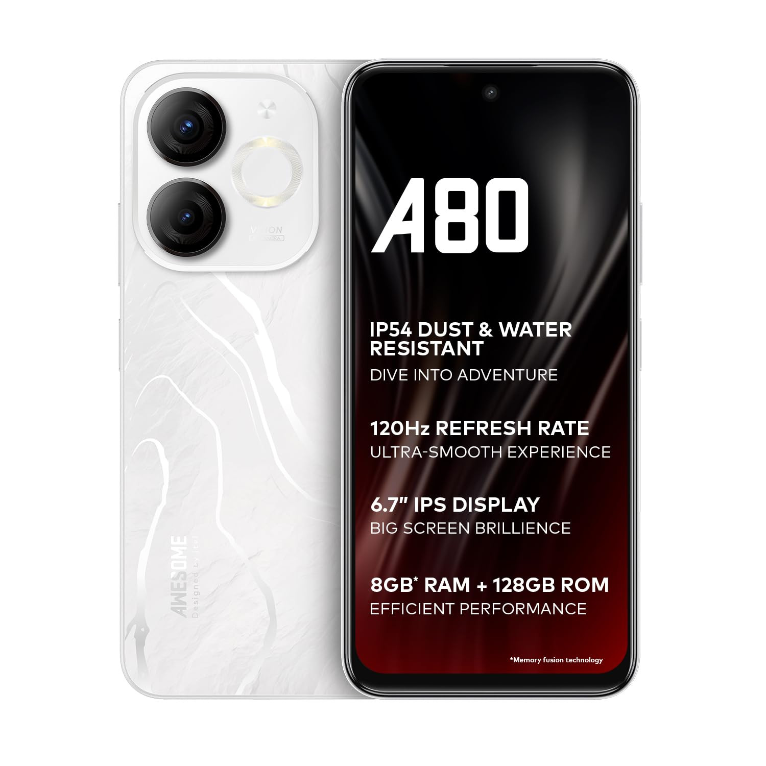 itel A80 120Hz Refresh RatePunch Hole Display50MP Super HDR Cam IP54 Dust Splash Resistant 3 Year Fluency Ring Light Notification 8GB RAM 128GB ROM Glacier White