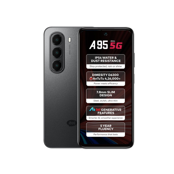 Image of itel A95 5G+ AI Smartphone | 6GB RAM + 128GB ROM | D6300 5G Processor | 6.7" HD+ Punch-Hole Display, 120Hz Refresh Rate | Dynamic Notch | 50MP Camera | IP54 Dust &amp; Water Resistant | Shadow Black