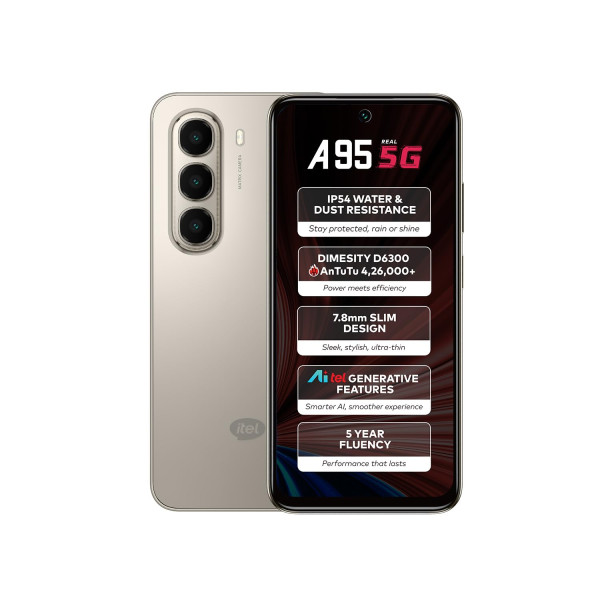 Image of itel A95 5G+ AI Smartphone | 6GB RAM + 128GB ROM | D6300 5G Processor | 6.7" HD+ Punch-Hole Display, 120Hz Refresh Rate | Dynamic Notch | 50MP Camera | IP54 Dust &amp; Water Resistant | Calx Titanium