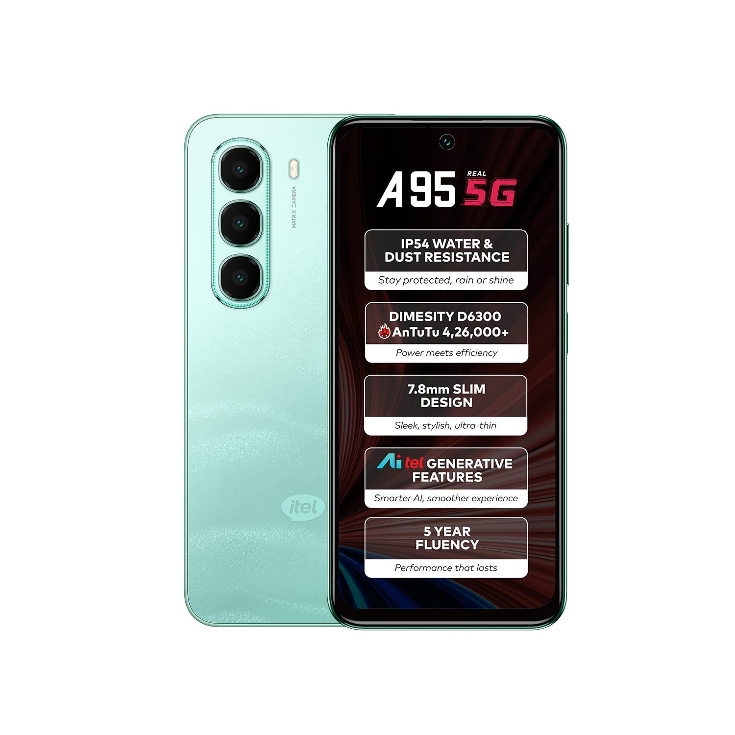 itel A95 5G AI Smartphone 6GB RAM 128GB ROM D6300 5G Processor 67 HD Punch-Hole Display 120Hz Refresh Rate Dynamic Notch 50MP Camera IP54 Dust Water Resistant Wave Green