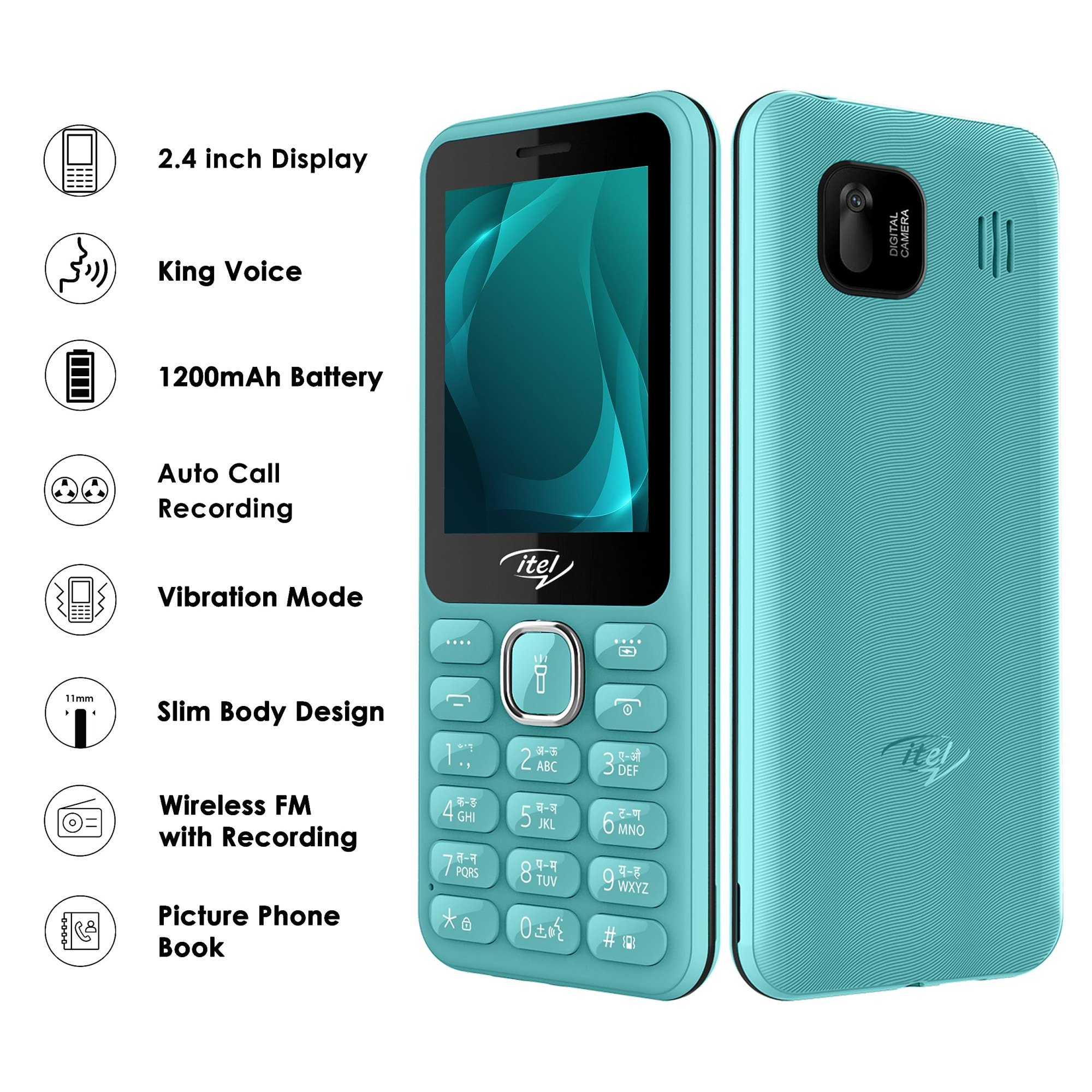 itel it5027 Keypad Mobile Phone with 24 inch Display Size 11mm Slim Body 1200 mAh Battery King Voice Light Green