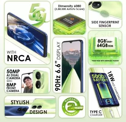 itel P55 5G 4GB RAM64GB ROM Upto 8GB RAM with Memory Fusion 50MP AI Dual Rear Camera 5000mAh Battery with 18W Type-C Fast Charging Dimensity 6080 Mint Green