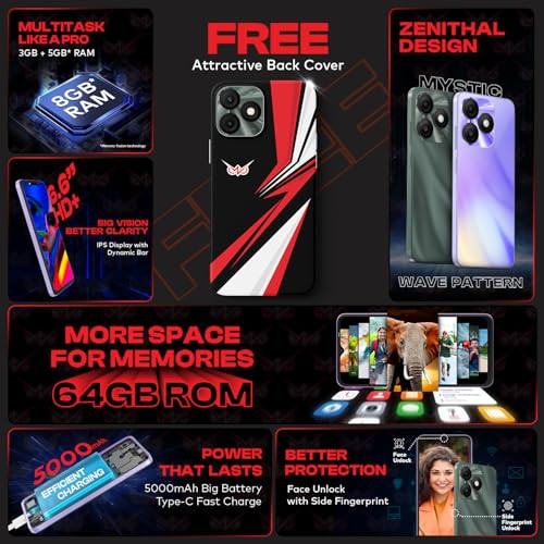 itel ZENO 1066 HD Display with Dynamic Bar 3GB RAM 64GB ROM Upto 8GB RAM with Memory FusionOctacore Processor8MP AI Dual Rear Cam5000 mAh Battery Phantom Crystal