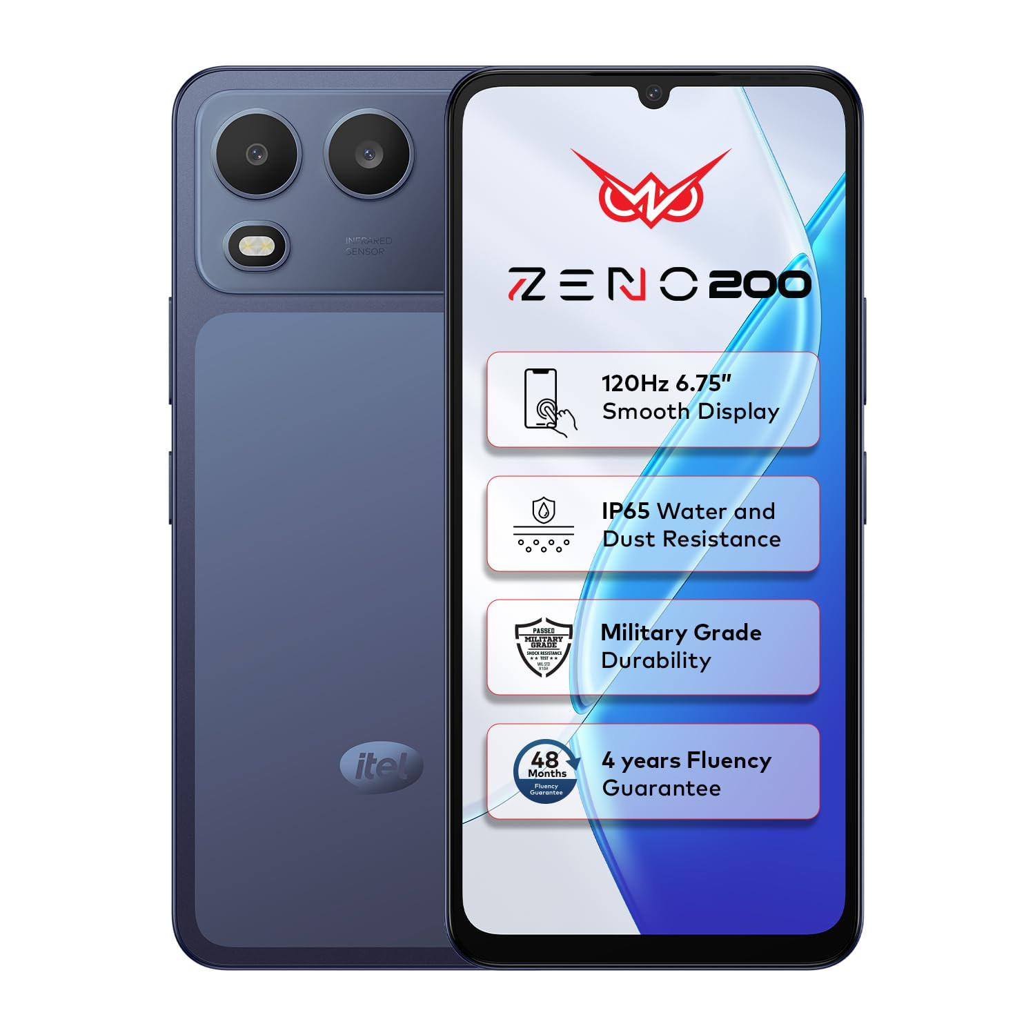 Itel Zeno 200 Nightly Blue 4 GB RAM 128 GB Storage 675 HD Display 120 Hz Refresh Rate IP65 Dust Water Resistance 13 MP Camera 5000 mAh Battery Charger in Box