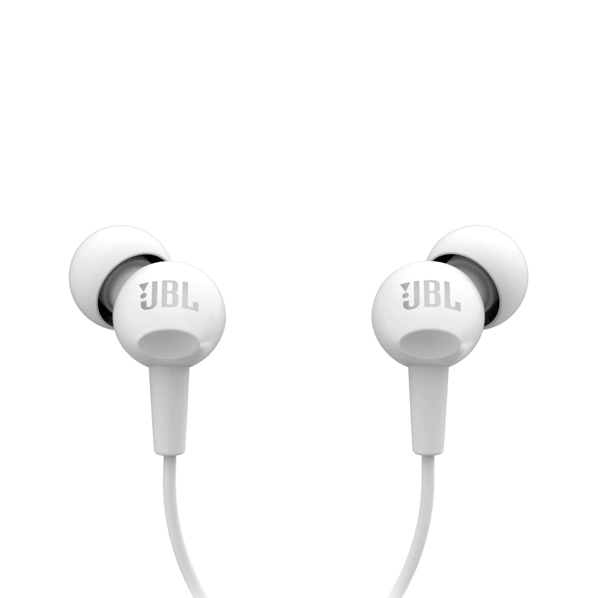 JBL C100SI Wired In Ear Headphones with Mic JBL Pure Bass Sound One Button Multi-function Remote Premium Metallic Finish Angled Buds for Comfort fit White