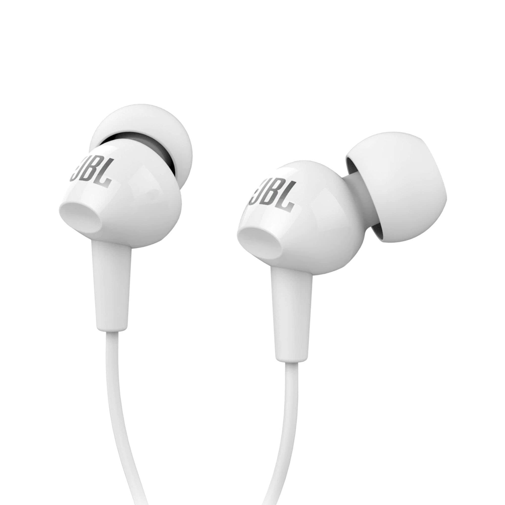 JBL C100SI Wired In Ear Headphones with Mic JBL Pure Bass Sound One Button Multi-function Remote Premium Metallic Finish Angled Buds for Comfort fit White