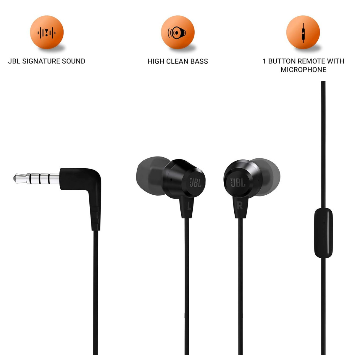 JBL C50HI Wired in Ear Headphones with Mic One Button Multi-Function Remote Lightweight Comfortable fit Black