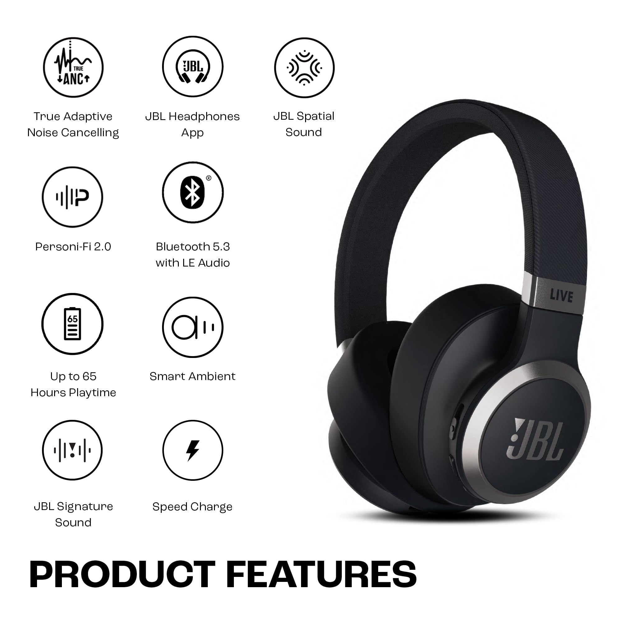 JBL Live 770NC True Adaptive Noise Cancellation Headphones Wireless Over Ear Spatial Sound 65Hrs Playtime Speed Charge Multipoint Connect and Personi-Fi 20 BT 53 Google Fast Pair Alexa Black