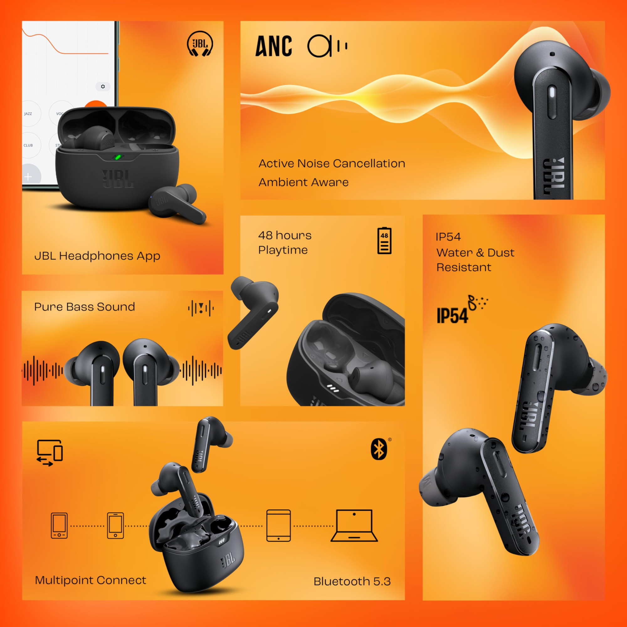 JBL New Launch Tune 245NC in Ear Wireless TWS ANC Earbuds Customized Extra Bass with Headphones App 48H Battery Dual Connect Quick Charge IP54 Bluetooth 53 3Months Additional Warranty Black