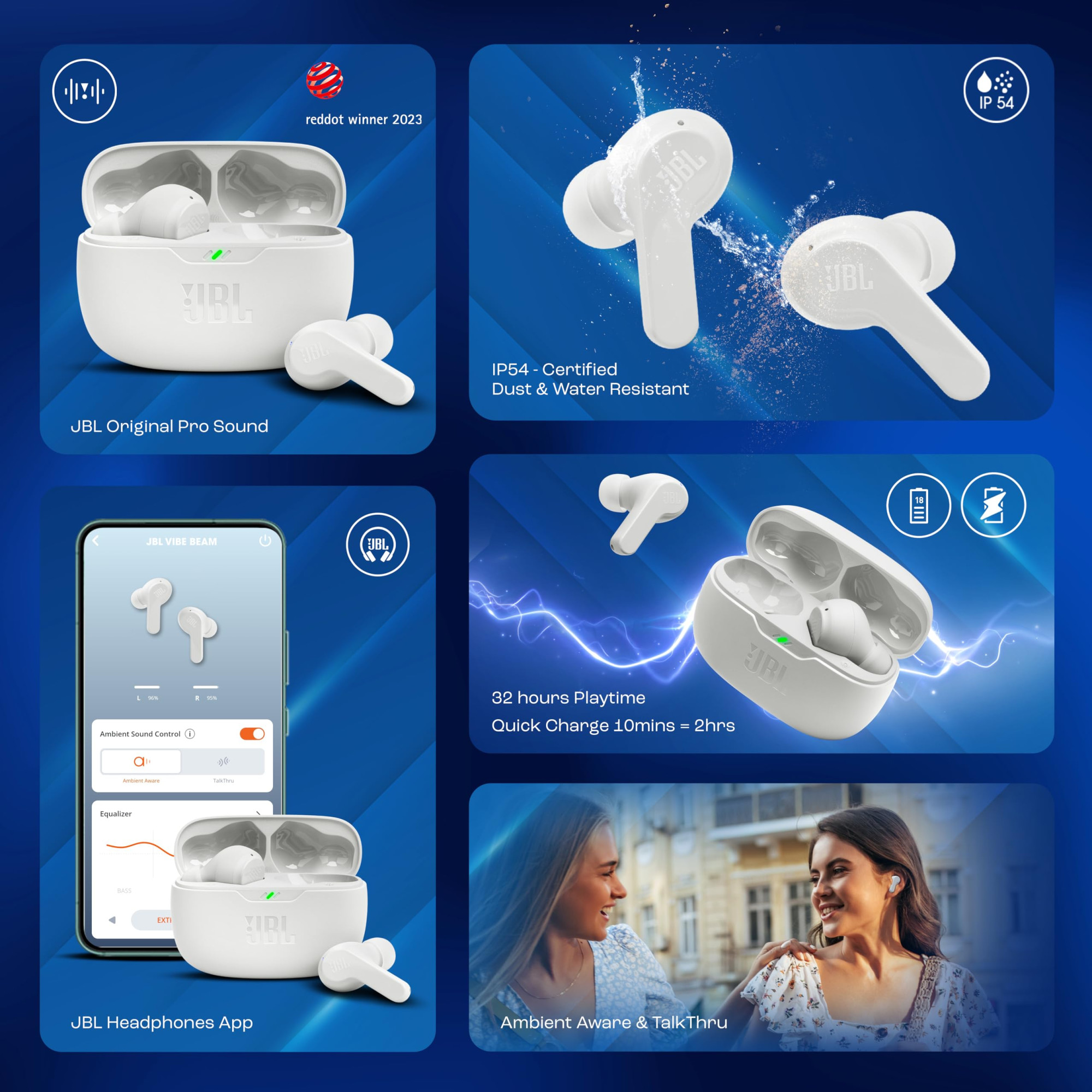 JBL Vibe Beam in-Ear Wireless Earbuds TWS with MicApp for Customized Extra Bass Eq32 Hours BatteryQuick ChargeIp54 WaterDust ResistanceAmbient AwareTalk-ThruGoogle Fastpair White