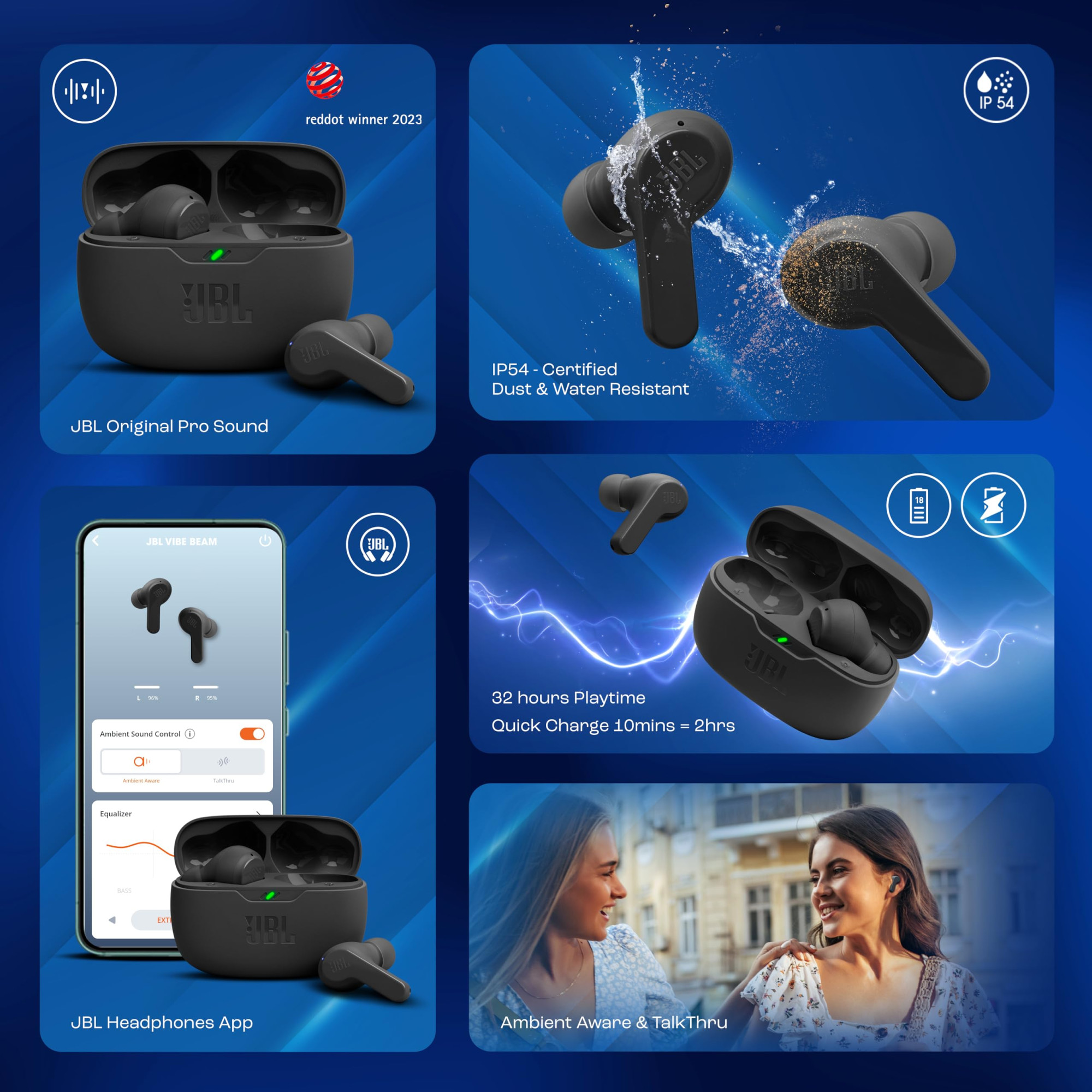 JBL Vibe Beam in-Ear Wireless Earbuds TWS with MicApp for Customized Extra Bass Eq32 Hours BatteryQuick ChargeIp54 WaterDust ResistanceAmbient AwareTalk-ThruGoogle Fastpair Black