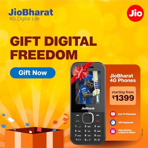 JioBharat B2 4G Keypad Phone with JioTV JioHotstar JioSoundPay JioSaavn JioPay UPI JioChat JioPhotos Powerful 2000mAh Battery LED Torch Digital Camera Black Locked for JioNetwork