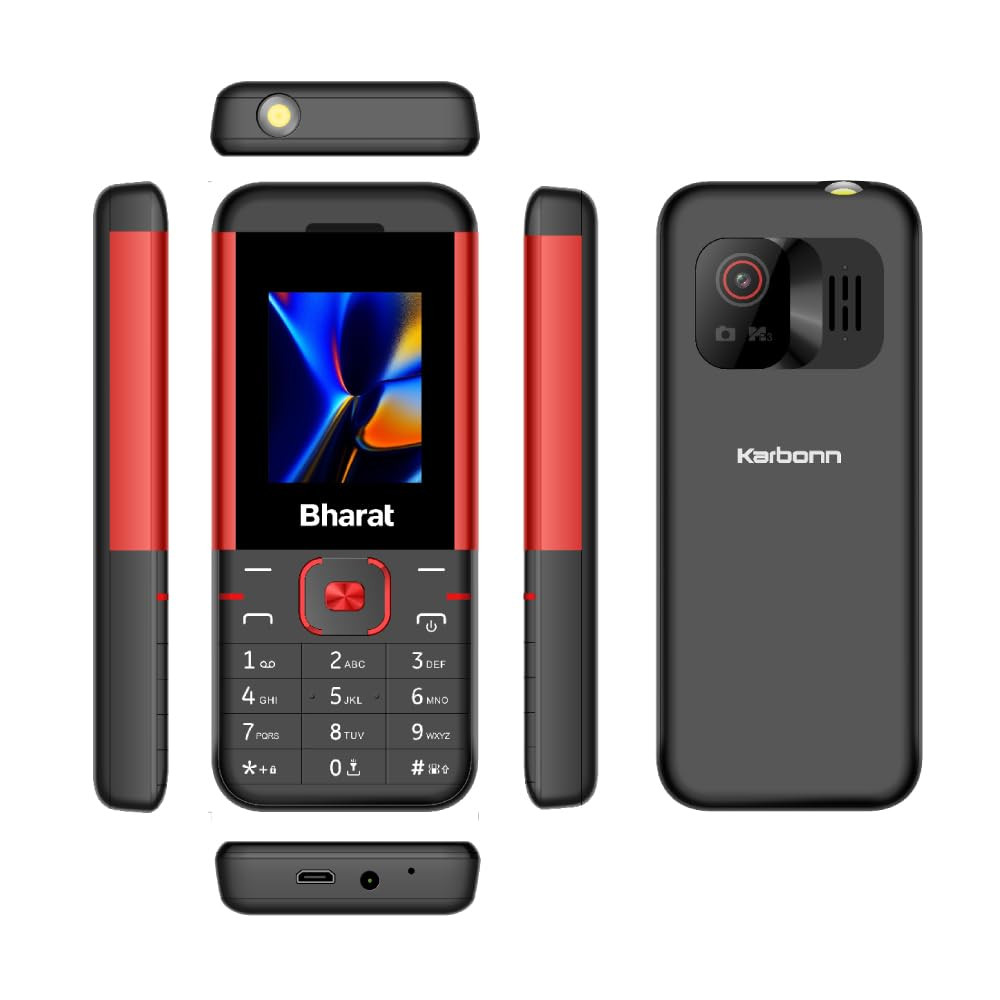 JioBharat K1 Karbonn 4G Keypad Phone with JioTV JioHotstar JioSoundPay JioSaavn Long Lasting Battery LED Torch Digital Camera Black Red Locked for JioNetwork
