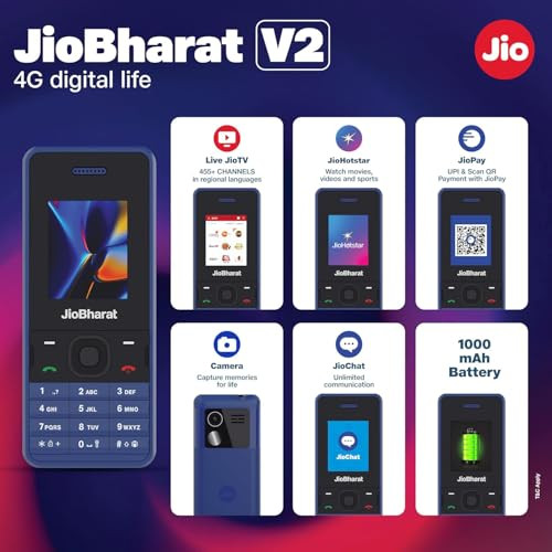 JioBharat V2 4G Phone with JioTV JioHotstar JioSoundPay JioSaavn Long Lasting Battery LED Torch Digital Camera Blue Locked for JioNetwork