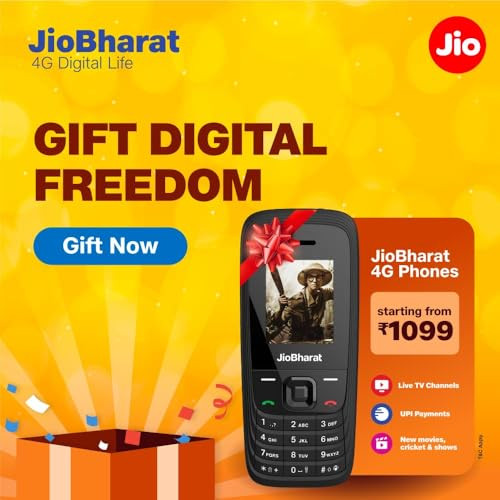 JioBharat V4 4G Phone with JioTV JioHotstar UPI JioSoundPayJioSaavn Long Lasting Battery LED Torch Digital Camera Black Locked for JioNetwork