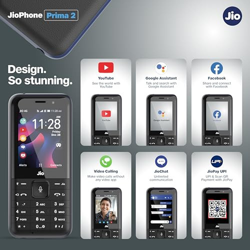 JioPhone Prima 2 4G Keypad Phone with Premium Design YouTube JioTV JioHotstar JioSaavn JioPayUPI Video Calling LED Torch Digital Cameras Black Locked for JioNetwork