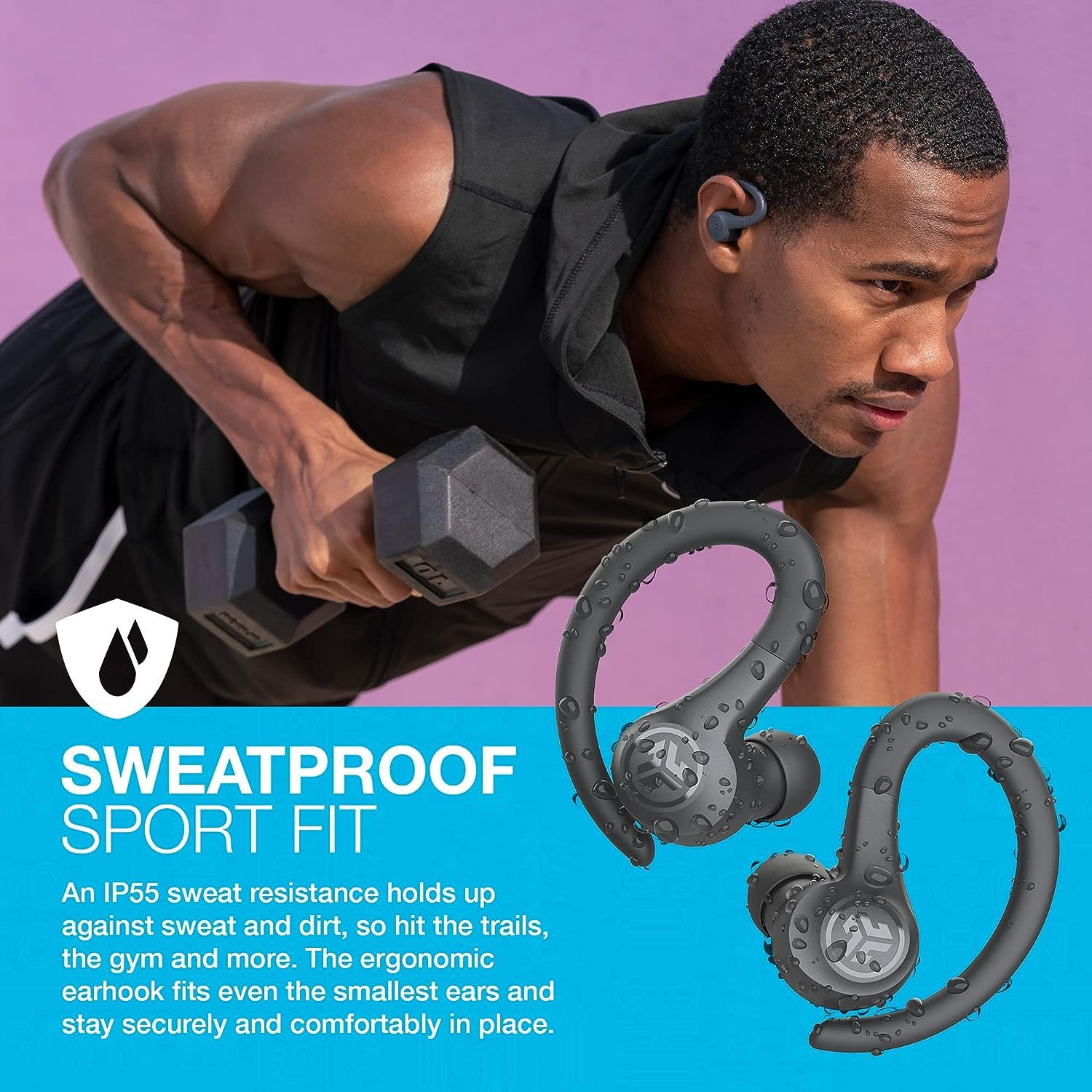 JLab Go Air Sport TWS Sports Earbuds - Bluetooth Earphones True Wireless 32 Hour Playtime Gym Headphones Running Workout in Ear Buds with Ear Hooks C3 Clear Calling EQ3 Sound Graphite