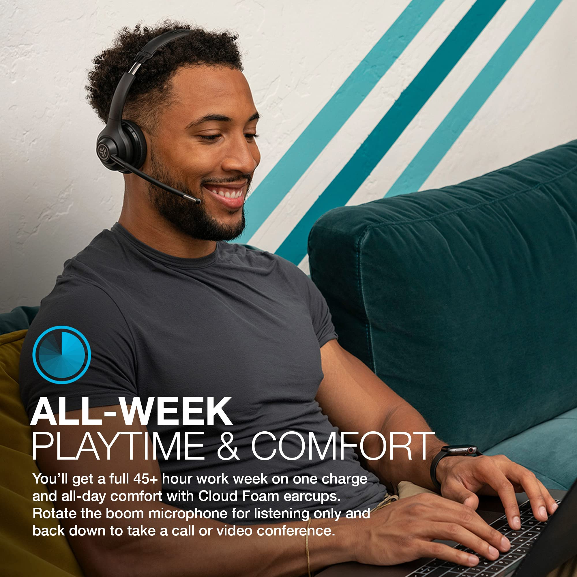 JLab Go Work Wireless On Ear Headsets with Microphone - 45 Playtime PC Bluetooth Headset and Multipoint Connect to Laptop Computer and Mobile - Wired or Wireless Headphones with Microphone