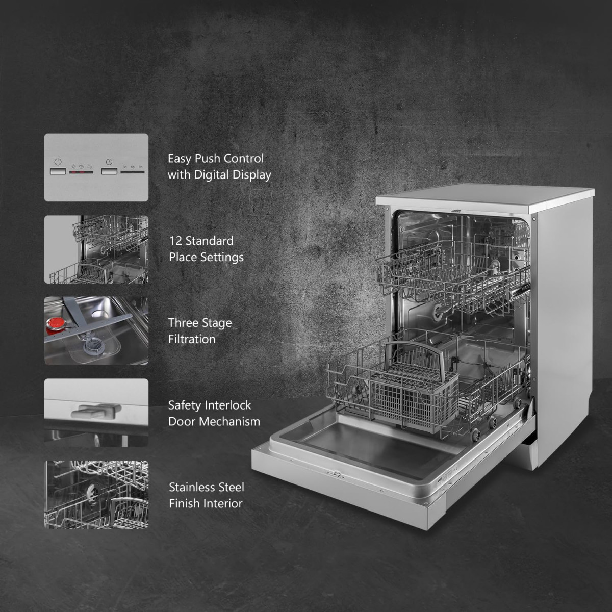 KAFF Centra 12 Place Settings Free Standing Dishwasher with Digital Display 3 Stage Filtration