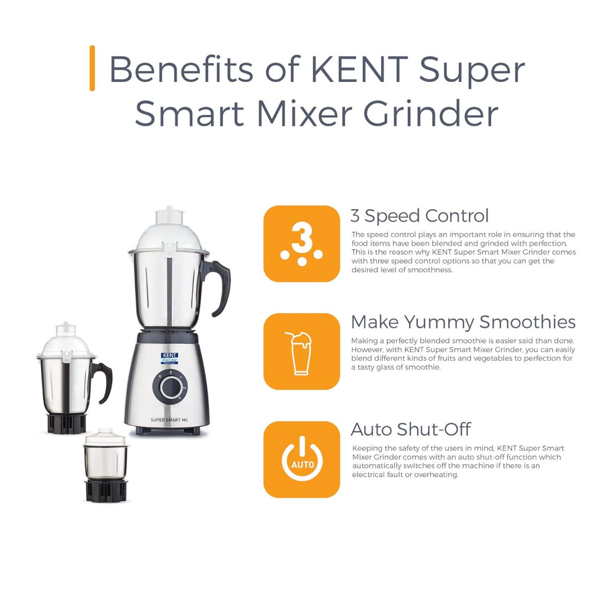 KENT 16061 800W 3 Speed Control Super Smart Mixer Grinder Silver