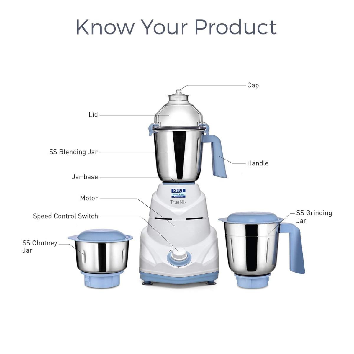 KENT 16064 TrueMix-W 750W  Pulse Function  Auto Shut-Off  3 Stainless Steel Jars for Blending Grinding  Making Chutney