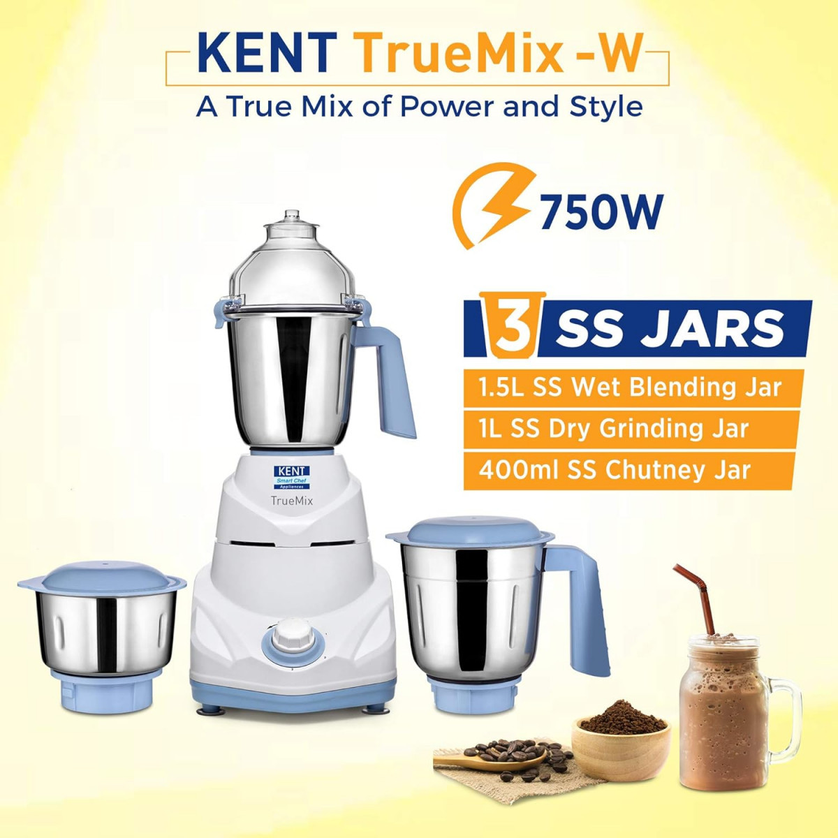 KENT 16064 TrueMix-W 750W Pulse Function Auto Shut-Off 3 Stainless Steel Jars for Blending Grinding Making Chutney