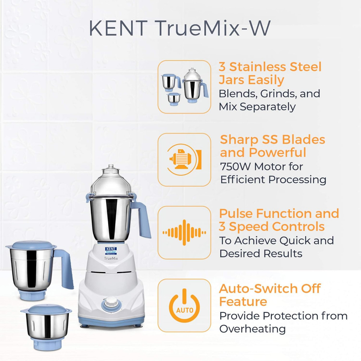 KENT 16064 TrueMix-W 750W Pulse Function Auto Shut-Off 3 Stainless Steel Jars for Blending Grinding Making Chutney