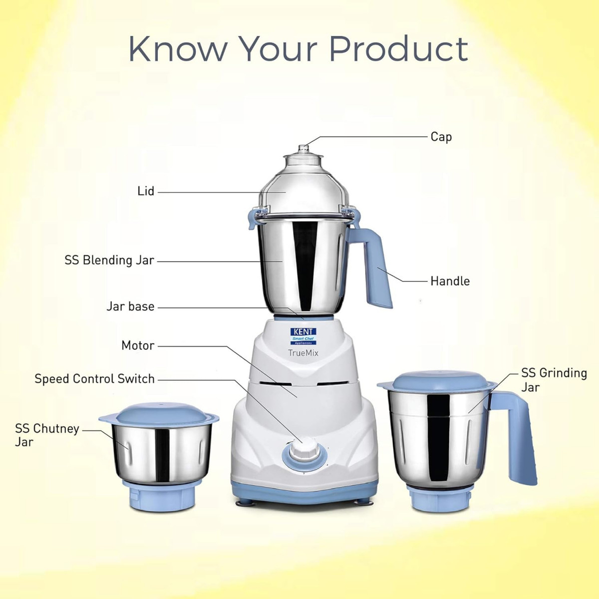 KENT 16064 TrueMix-W 750W Pulse Function Auto Shut-Off 3 Stainless Steel Jars for Blending Grinding Making Chutney