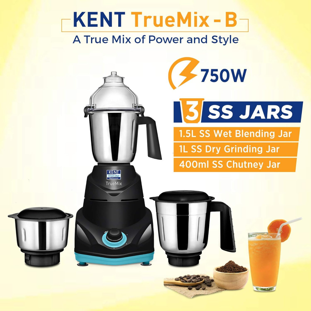 KENT 16065 TrueMix-B 750W  Pulse Function  Auto Shut-Off  3 Stainless Steel Jars for Blending Grinding  Making Chutney