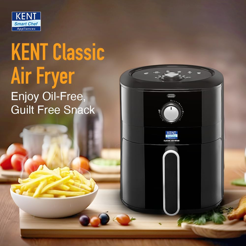 KENT Classic Air Fryer 1300W Power 4L Capacity Fry Grill Roast Bake Auto Cut-Off Up To 80 Less Oil Usage High Temperature Uniform Heating Black