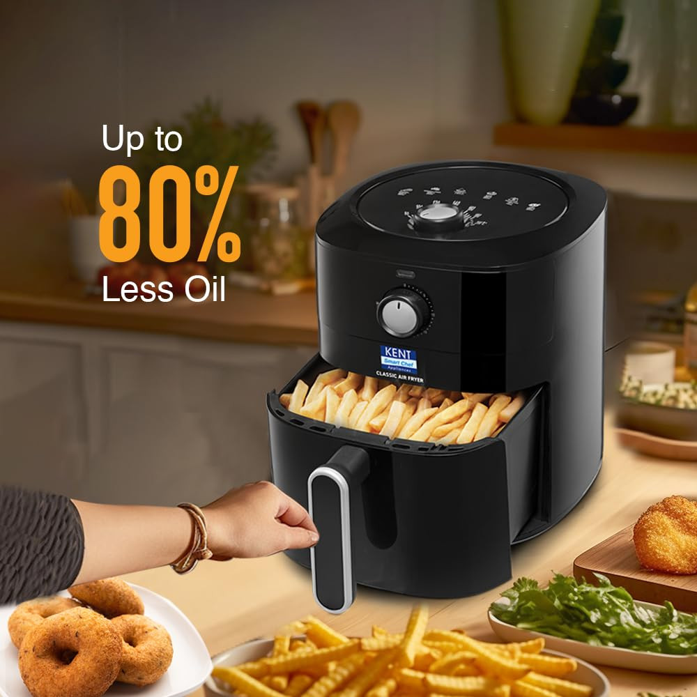 KENT Classic Air Fryer 1300W Power 4L Capacity Fry Grill Roast Bake Auto Cut-Off Up To 80 Less Oil Usage High Temperature Uniform Heating Black