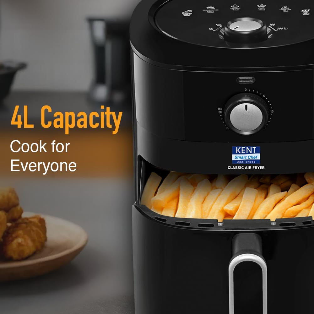 KENT Classic Air Fryer 1300W Power 4L Capacity Fry Grill Roast Bake Auto Cut-Off Up To 80 Less Oil Usage High Temperature Uniform Heating Black