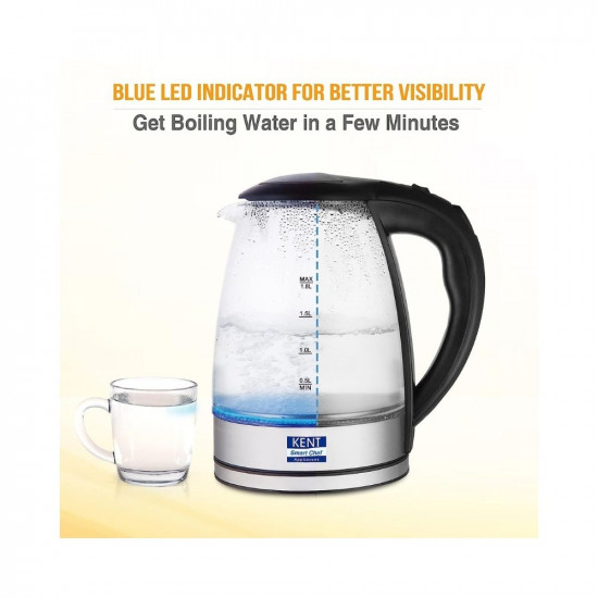 KENT Elegant Electric Glass Kettle 16052 18L Stainless Steel Heating Plate Borosilicate Glass Body Boil Drying Protection