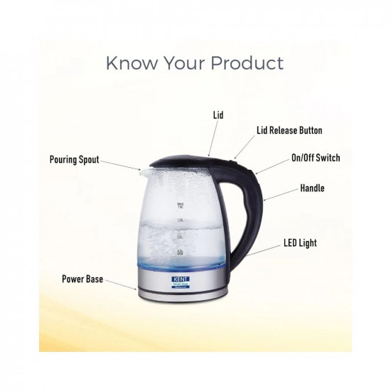 KENT Elegant Electric Glass Kettle 16052 18L Stainless Steel Heating Plate Borosilicate Glass Body Boil Drying Protection