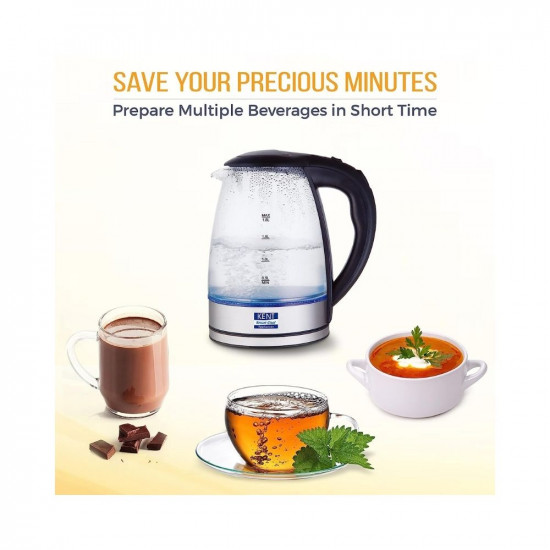 KENT Elegant Electric Glass Kettle 16052 18L Stainless Steel Heating Plate Borosilicate Glass Body Boil Drying Protection