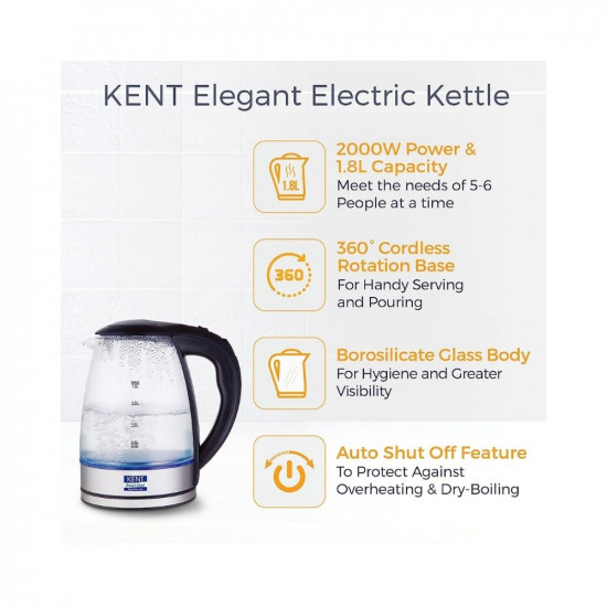 KENT Elegant Electric Glass Kettle 16052 18L Stainless Steel Heating Plate Borosilicate Glass Body Boil Drying Protection