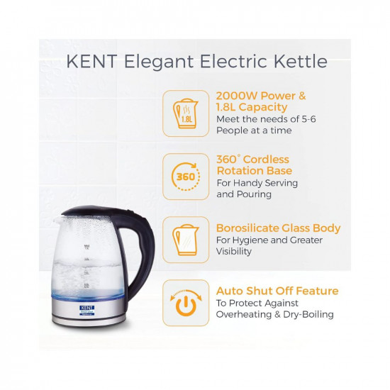 KENT Elegant Electric Glass Kettle 16052 18L Stainless Steel Heating Plate Borosilicate Glass Body Boil Drying Protection