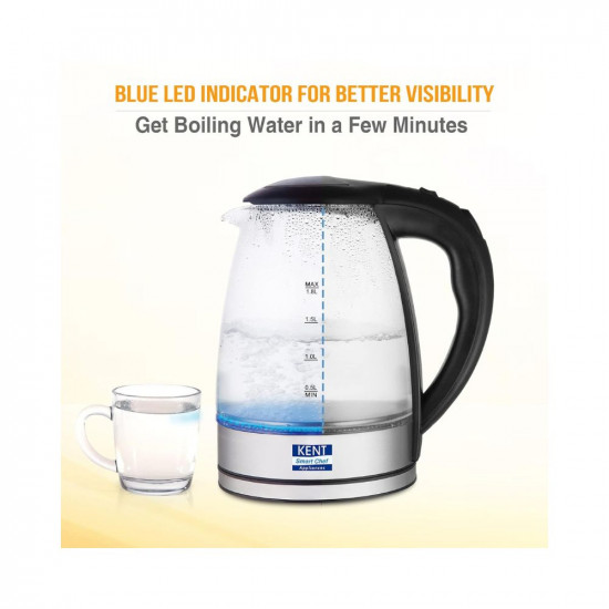 KENT Elegant Electric Glass Kettle 16052 18L Stainless Steel Heating Plate Borosilicate Glass Body Boil Drying Protection