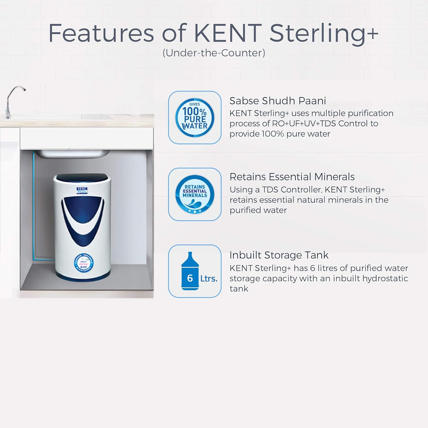 KENT Sterling Plus RO Water Purifier 4 Years Free Service ISI Marked Multiple Purification Process RO UV UF TDS Control 6L Tank 20 LPH Flow Under the Counter White