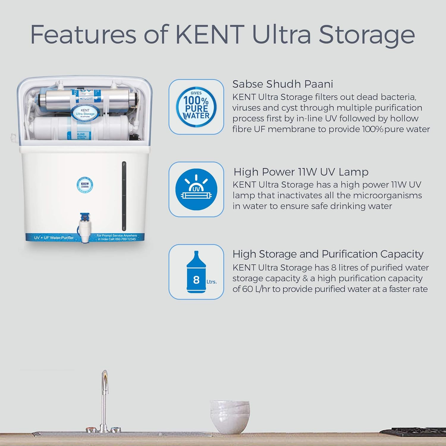 KENT Ultra Storage UV Water Purifier 11042 UVUF Water Purification Wall Mountable 8L Storage 60 Lhr Output White