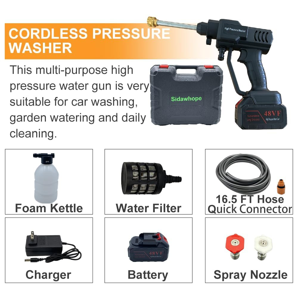 KIDPALACE Cordless Pressure Washer Portable Power Washer Pressure Water Spray Gun 1 20Ah Rechargeable Battery Portable High Pressure Car Washer GardenFencePetDeck Cleaning Tool Only