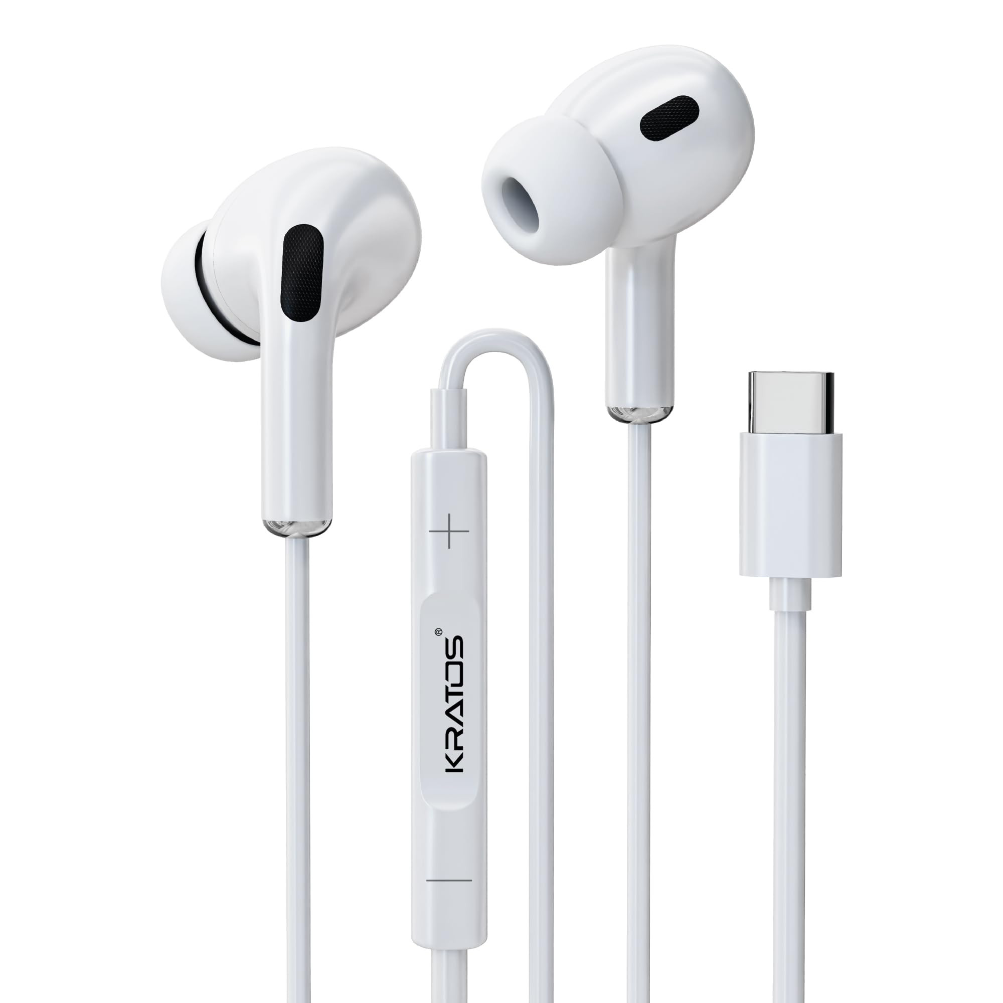 Kratos Type C Headphones with Mic White in-Ear Design 12mm Driver for Deep Bass and Clear Sound C Type Earphones Wired Compatible with iPhone Android Smartphones Tablets and USB C Devices