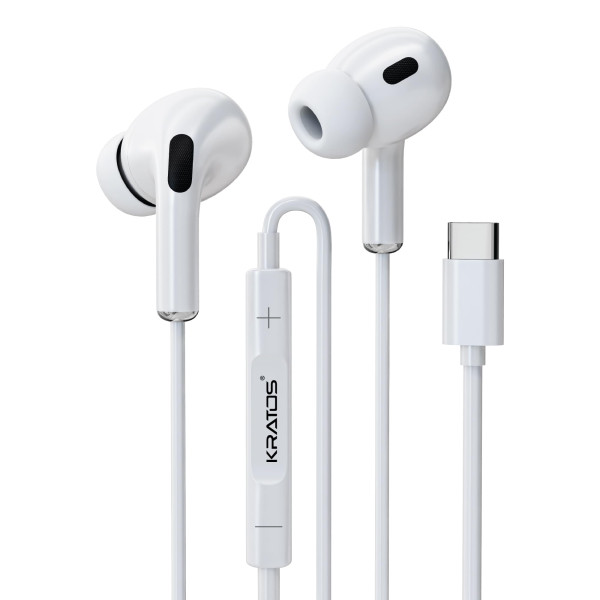 Image of Kratos Type C Headphones with Mic, White in-Ear Design, 12mm Driver for Deep Bass and Clear Sound, C Type Earphones Wired, Compatible with iPhone, Android Smartphones, Tablets, and USB C Devices