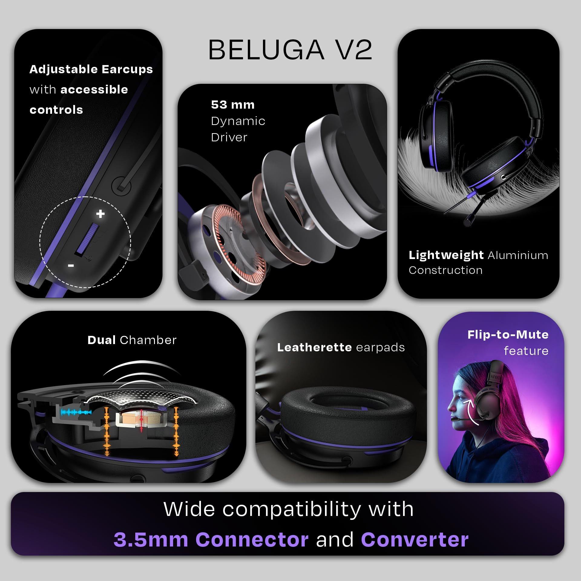 Kreo Beluga V2 Wired Over Ear Gaming Headset 50mm Oraphene Drivers Duel Chamber Flip to Mute Mic Memory Foam Earpads Lightweight Aluminum Built PC PS4 PSS Mobile
