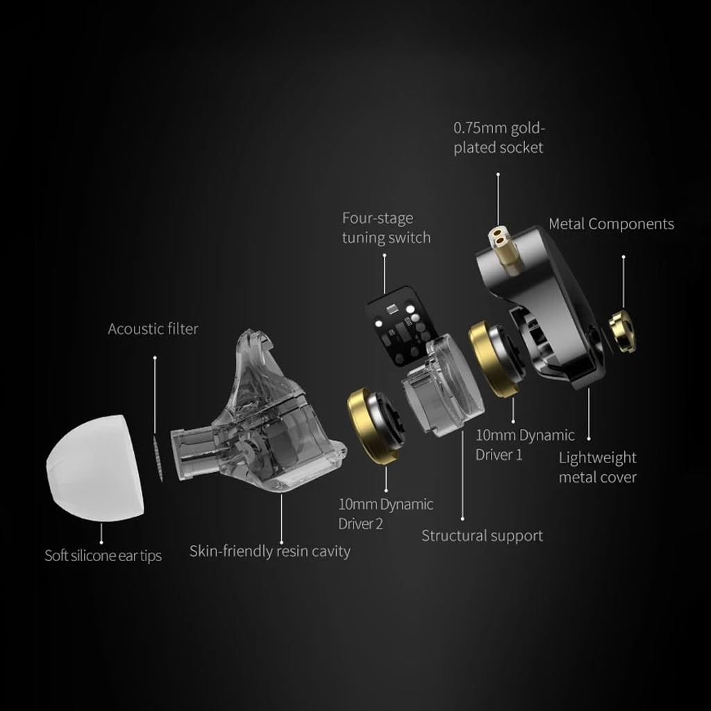 KZ Castor Pro IEM with HD Mic Dual 10mm Dynamic Driver Harman Target Improved Bass for Hi-Res Audio Quality 4 Tuning Switch Oxygen Free Copper Flat Cable 078mm 2Pin 35mm Plug Compatible