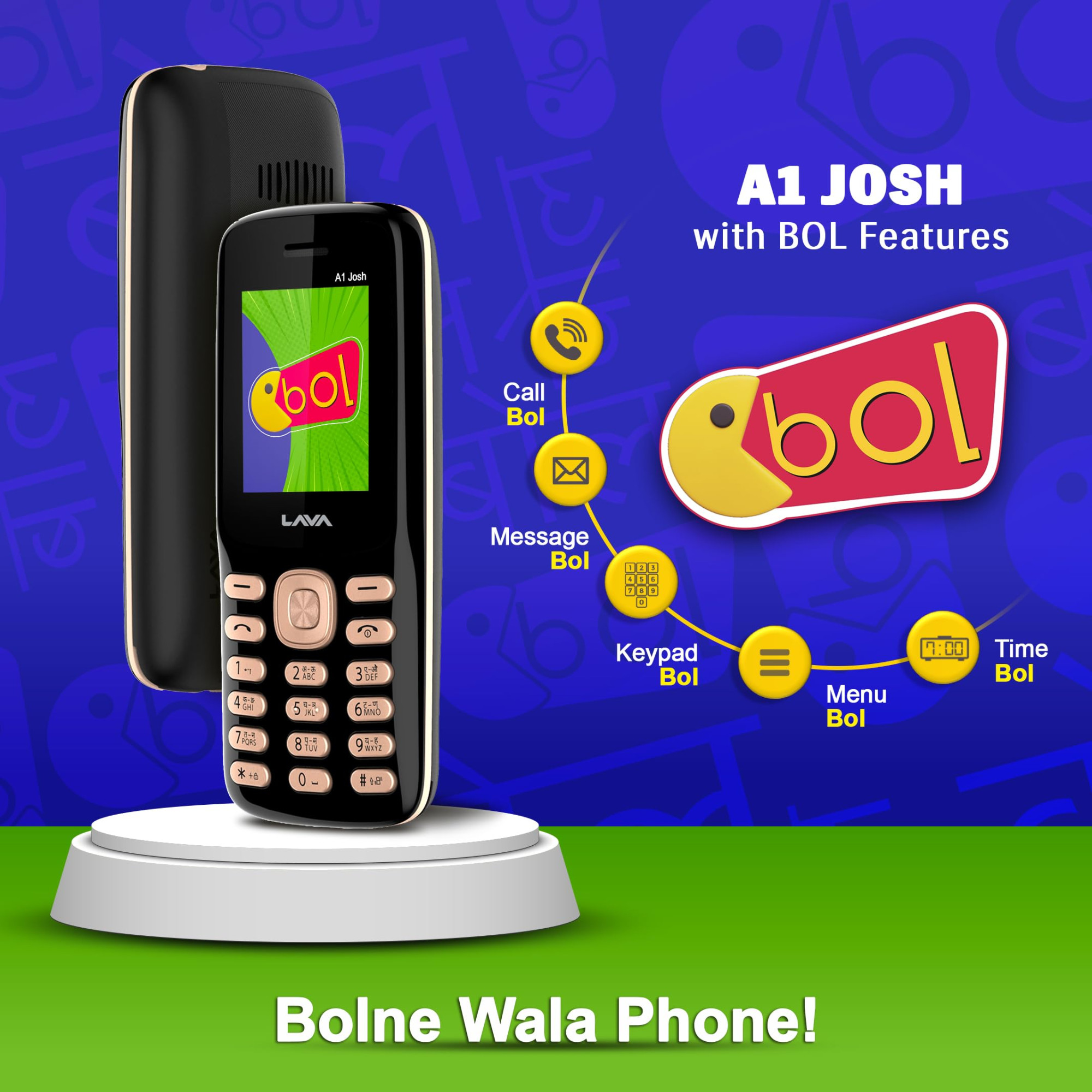 Lava A1 Josh with BOL Feature Dual Sim Keypad Mobile Phone Long-Lasting Battery 22 Launguages Read Support Auto Call Recording Call Blink Notification Black Gold