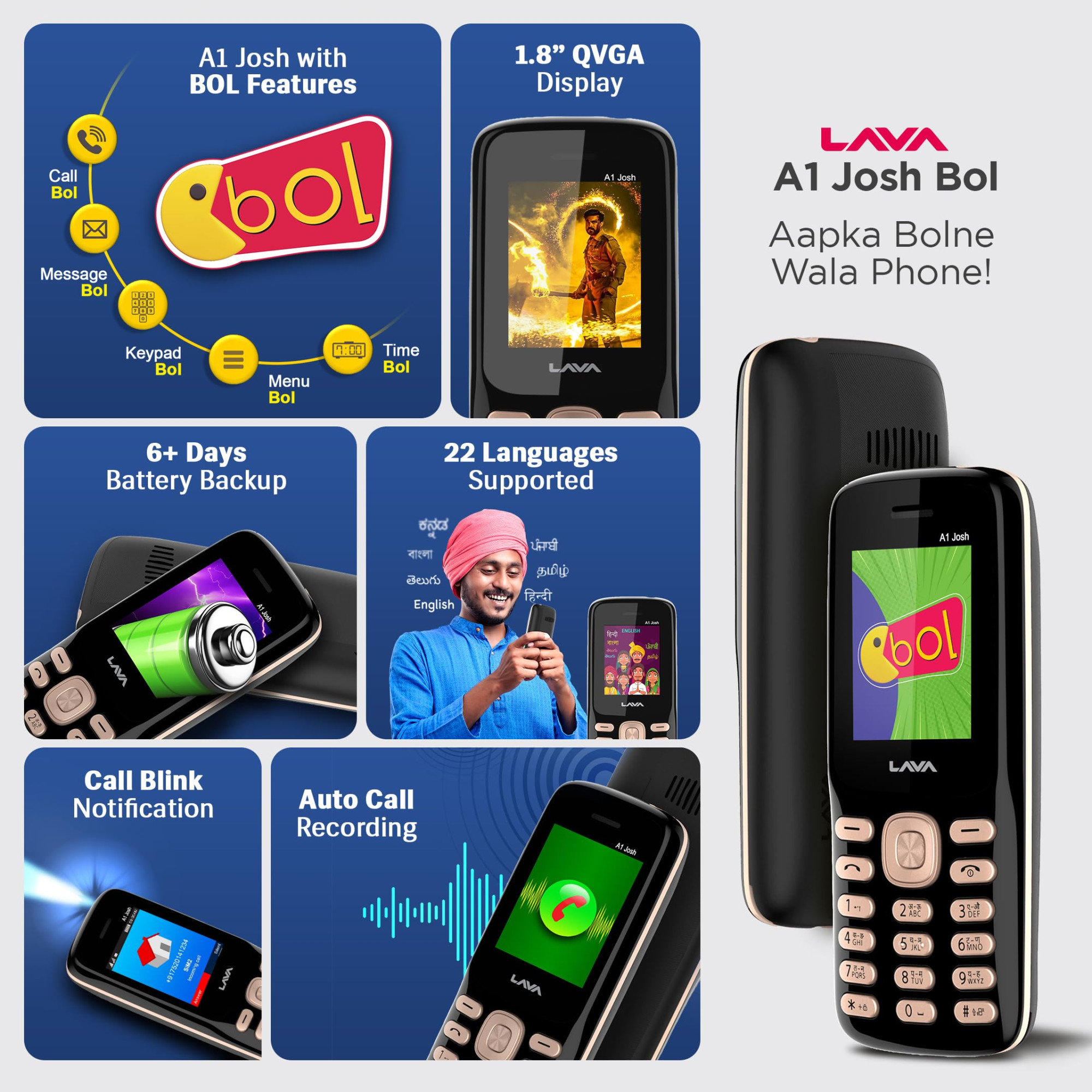 Lava A1 Josh with BOL Feature Dual Sim Keypad Mobile Phone Long-Lasting Battery 22 Launguages Read Support Auto Call Recording Call Blink Notification Black Gold