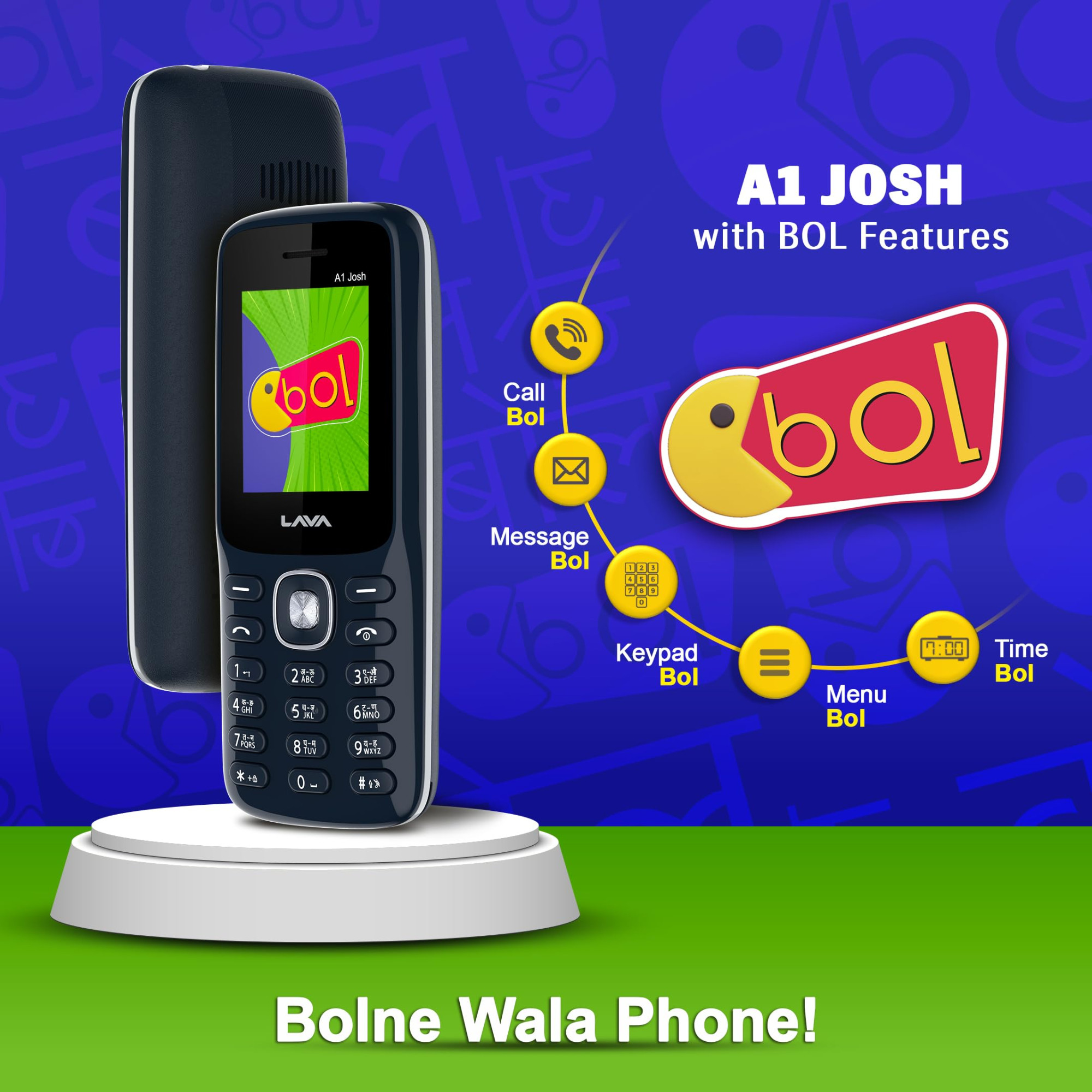 Lava A1 Josh with BOL Feature Dual Sim Keypad Mobile Phone Long-Lasting Battery 22 Launguages Read Support Auto Call Recording Call Blink Notification Blue Silver