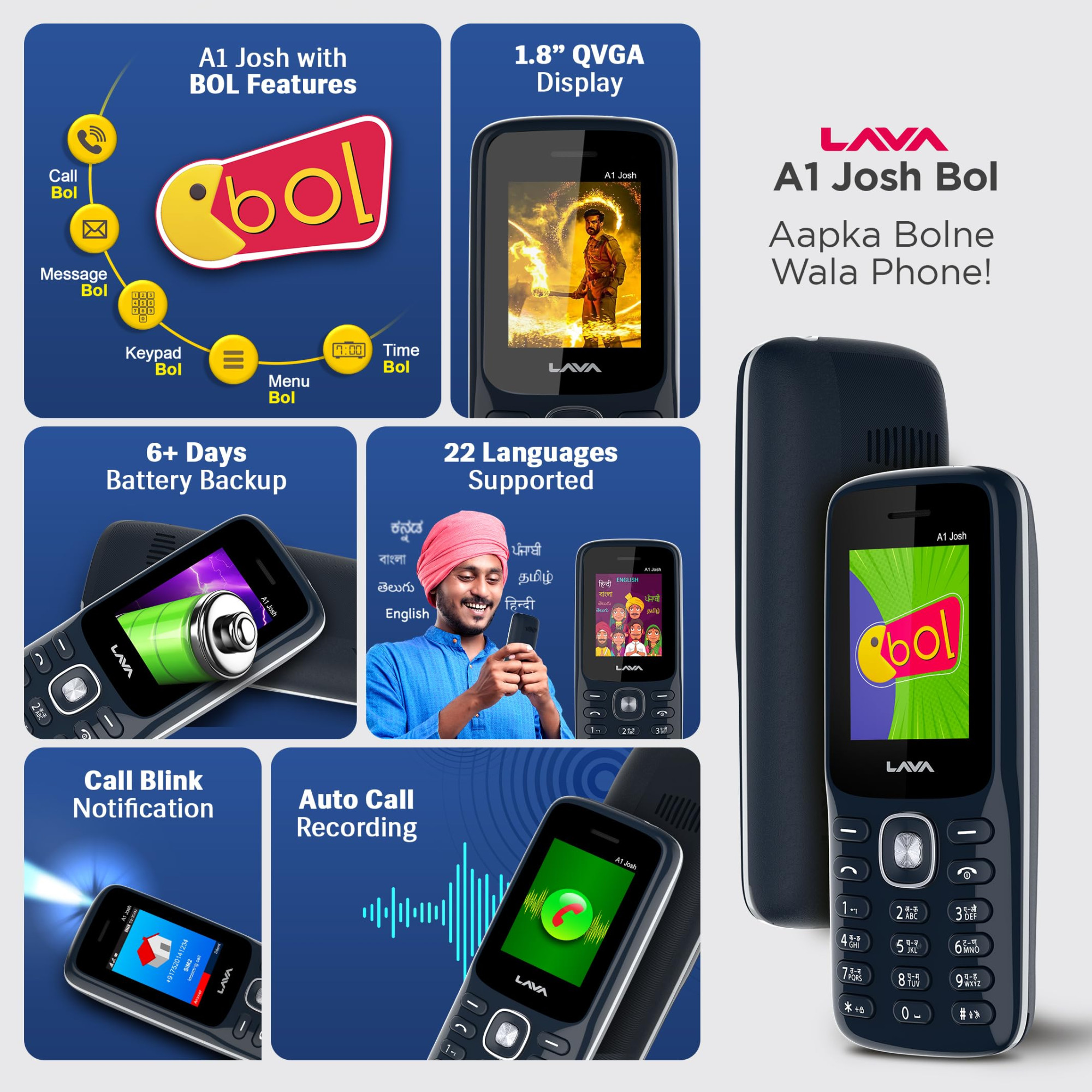 Lava A1 Josh with BOL Feature Dual Sim Keypad Mobile Phone Long-Lasting Battery 22 Launguages Read Support Auto Call Recording Call Blink Notification Blue Silver